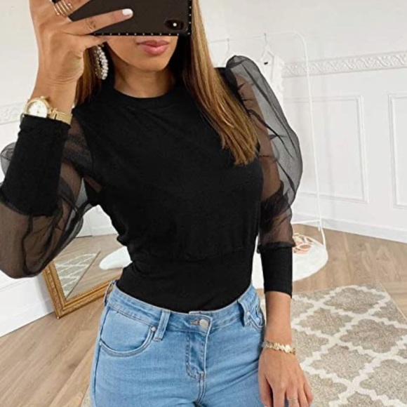 Tops - 🎉 New Mesh Puff Sleeve Pearl Beading High Neck Slim Fit Top